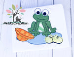 frog in the pond embroidery design, frog embroidery design, frog applique, machine embroidery frog design, fishing hat embroidery design, rainboots embroidery design, animal embroidery design