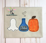 ghost embroidery design, halloween embroidery design, potion embroidery design, witch embroidery design, trio embroidery design, pumpkin embroidery design, trio design, halloween trio embroidery design, ghost embroidery design, ghost applique, potion applique embroidery design, pumpkin applique
