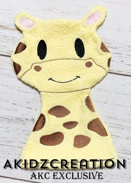 in the hoop giraffe washie embroidery design, in the hoop embroidery design, in the hoop bath mitt embroidery design, giraffe embroidery design, in the hoop giraffe hand puppet embroidery design