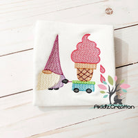 gnome pulling his ice cream, sketch gnome embroidery design, ice cream embroidery design, sketch ice cream, ice cream in a wagon embroidery design, gnome embroidery design