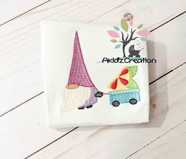 gnome pulling his lemon embroidery design, gnome embroidery design, gnome embroidery design, sketch gnome embroidery design, gnome pulling a wagon, fruit embroidery design, food embroidery design