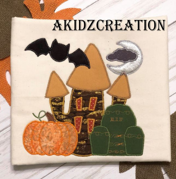 haunted mansion scene embroidery design, bat embroidery design, bat applique, applique,halloween embroidery design, pumpkin embroidery design, haunted house embroidery design
