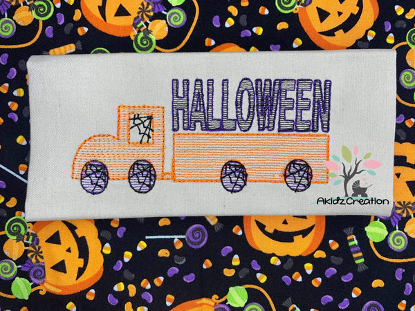 halloween embroidery design, truck embroidery design, 18 wheeler embroidery design, flat bed truck embroidery design, spider web embroidery design, halloween flat bed embroidery design