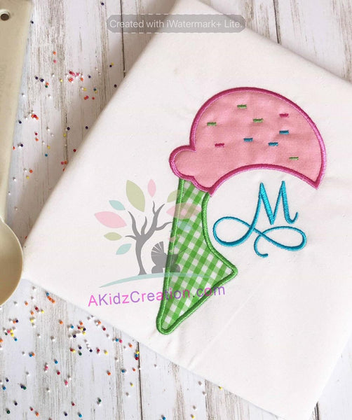 ice cream applique, ice cream monogram, ice cream cone embroidery design, monogram design, monogram embroidery design, summer embroidery design, sprinkles embroidery design