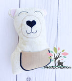 in the hoop polar bear embroidery design, polar bear stuffie embroidery design, in the hoop bear stuffie, bear tooth fairy pillow embroidery design