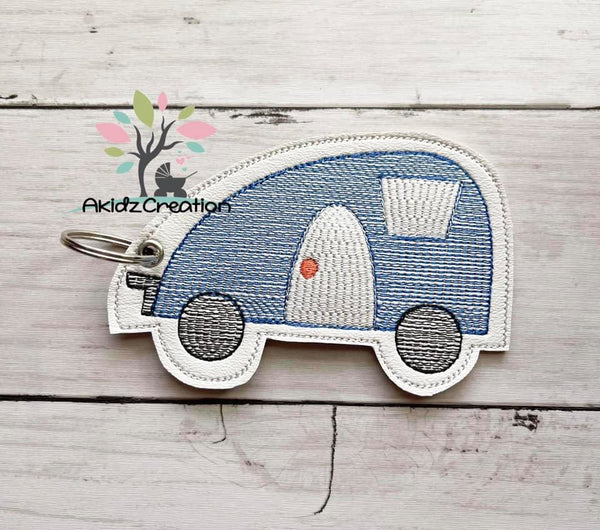 in the hoop key chain embroidery design, in the hoop embroidery design, ith camper key chain embroidery design, key chain embroidery design, in the hoop camper embroidery design, camping embroidery design