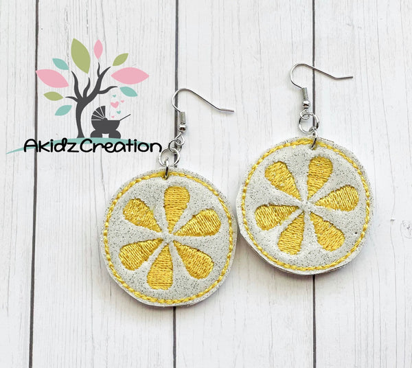 in the hoop earrings embroidery design, in the hoop design, lemon embroidery design, ith lemon embroidery design, fruit embroidery design, lemon wedge embroidery design