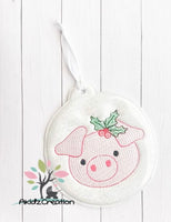pig embroidery design, pig with holly embroidery design, christmas embroidery design, in the hoop embroidery, in the hoop pig ornament, in the hoop ornament , holly leaves embroidery design, christmas embroidery design, pig with holly embroidery design