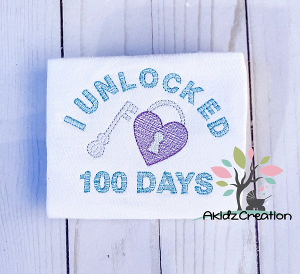 i unlocked 100 days of school, lock and key embroidery design, sketch embroidery design, 100 days of school embroidery design, school embroidery design, sketch embroidery design