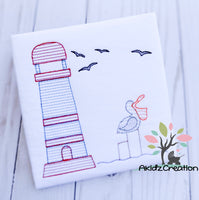 lighthouse scene embroidery design, seagulls embroidery design, pelican embroidery design, pelican on water embroidery design, lighthouse embroidery design, sea life embroidery design, ocean embroidery design, beach embroidery design, lake embroidery design