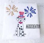patriotic dalmatian, dalmatian embroidery, fireworks embroidery, dog embroidery, puppy embroidery