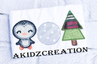 winter penguin trio embroidery design, penguin embroidery design, christmas tree embroidery design, tree embroidery design, snow ball embroidery design, zig zag applique design