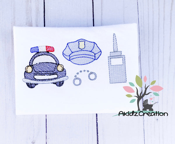 police trio embroidery design, police car embroidery design, police hat embroidery design, hand cuffs embroidery design, police walkie embroidery design
