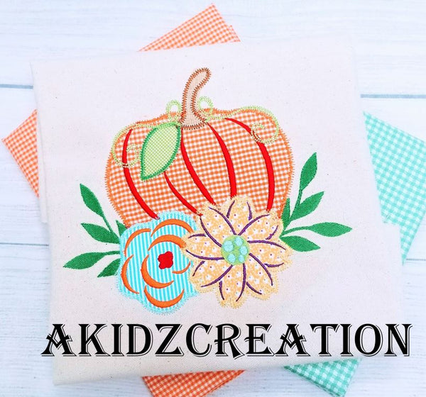 pumpkin embroidery design, pumpkin applique, pumpkin on flowers embroidery design, thanksgiving embroidery design, fall embroidery design, floral embroidery design