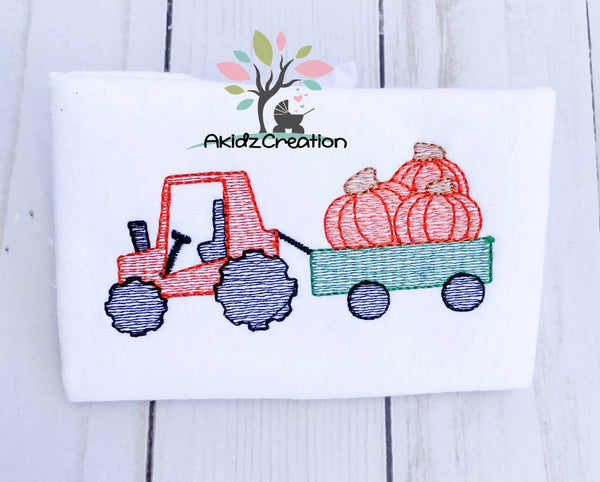 pumpkin tractor embroidery design, pumpkin embroidery design, tractor embroidery design, fall tractor embroidery design, tractor embroidery design, sketch embroidery design