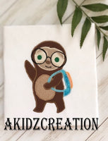 back to school sloth embroidery design, school sloth embroidery design, sloth embroidery design, sloth applique, applique, back pack embroidery design, sloth with glasses embroidery design
