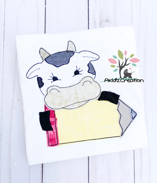 school cow embroidery design, cow embroidery design, school embroidery design, heifer embroidery design, animal embroidery design, pencil embroidery design