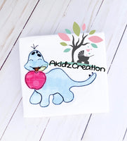 school dino embroidery design, dino eating apple embroidery design, apple embroidery design, animal embroidery design, dino applique, dinosaur applique