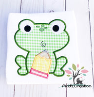 frog embroidery design, pencil embroidery design, animal embroidery design, satin applique embroidery design, frog applique, school embroidery design, frog applique, animal applique