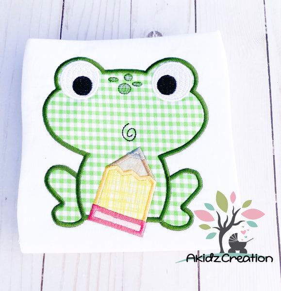 frog embroidery design, pencil embroidery design, animal embroidery design, satin applique embroidery design, frog applique, school embroidery design, frog applique, animal applique
