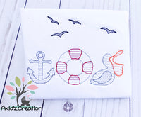 sea life embroidery design, seagull embroidery design, pelican embroidery design, bird embroidery design, life raft embroidery design, anchor embroidery design, trio embroidery design, nautical embroidery design, sea life embroidery design,