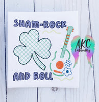 sham rock and roll embroidery design, guitar embroidery design, clover embroidery design, st Patrick's day embroidery design