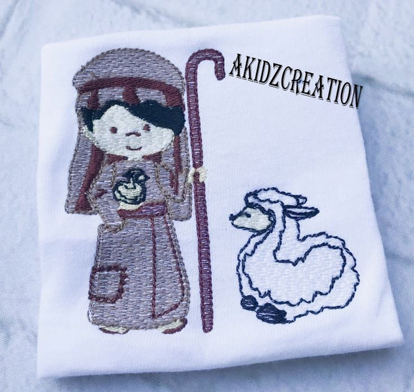 shepard boy with lamb embroidery design, lamb embroidery design, shepard embroidery design, christmas embroidery design, akidzcreation, sketch embroidery