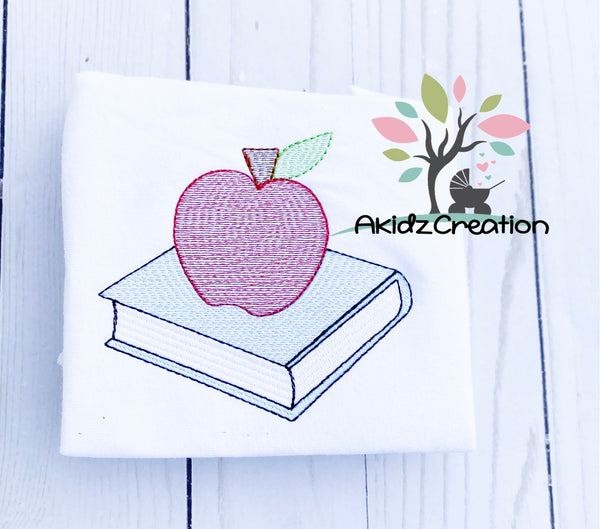apple embroidery design, book embroidery design, school embroidery design, sketch embroidery deisgn, sketch book and apple embroidery design, school design