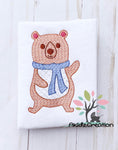 sketch fall bear embroidery design, bear embroidery design, fall embroidery design, bear in scarf embroidery design, sketch embroidery design
