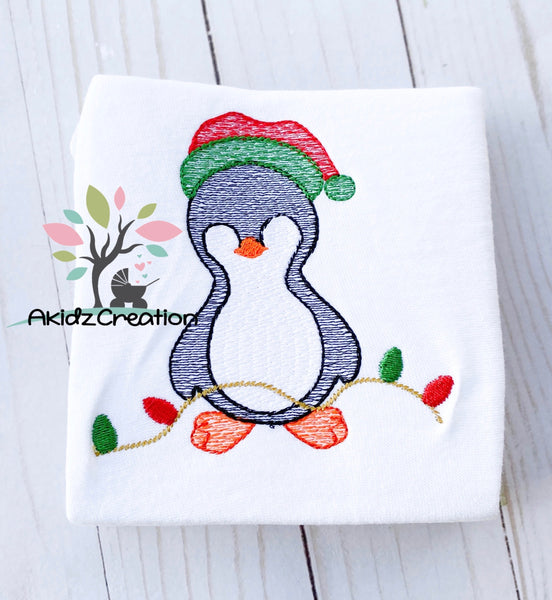 sketch penguin embroidery design, sketch embroidery design, penguin emrboidery design, sketch christmas penguin embroidery deisgn, penguin in santa hat embroidery design, christmas penguin with lights embroidery design, christmas lights embroidery design