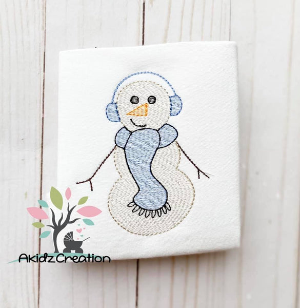 snowman embroidery design, sketch embroidery design, sketch snowman embroidery design, snowman in scarf embroidery design, snowman in ear muffs embroidery design, ear muffs embroidery design, christmas embroidery design