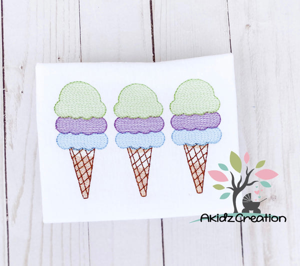 sketch design, ice cream embroidery design, 3 scoop ice cream cone embroidery design, ice cream embroidery design, ice cream cone trio embroidery design