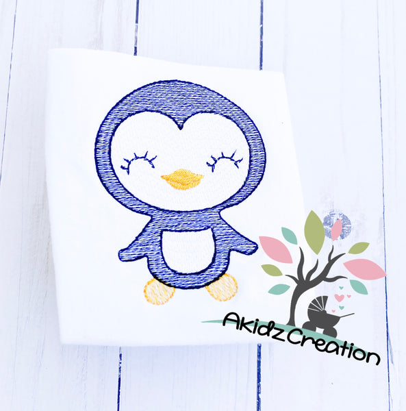 girlie penguin embroidery design, sketch embroidery design, penguin embroidery design, christmas embroidery design, bird embroidery design, animal embroidery design