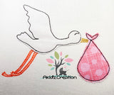 stork applique, applique embroidery, applique design, stork embroidery, baby embroidery