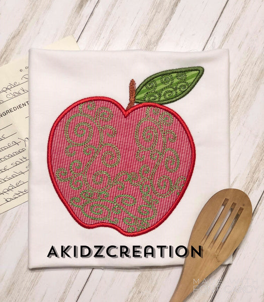 swirly apple embroidery design, apple embroidery design, apple applique, applique, akidzcreation, food embroidery, machine embroidery apple design