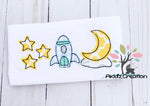 to the moon embroidery design, stars embroidery design, moon embroidery design, rocket ship embroidery design, trio embroidery design
