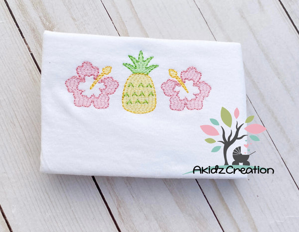 tropical summer embroidery design, pineapple embroidery design, hibiscus embroidery design, trio embroidery design, tropical flower embroidery design, fruit embroidery design