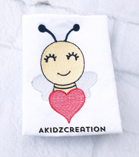 valentine bee embroidery design , bee embroidery design, valentine embroidery design, sketch valentine embroidery design, bee with heart embroidery design, sketch bee embroidery design
