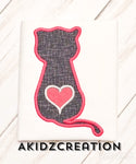 valentine embroidery design, heart embroidery design, heart applique, applique, cat applique, valentines cat embroidery design, cat design, akidzcreation