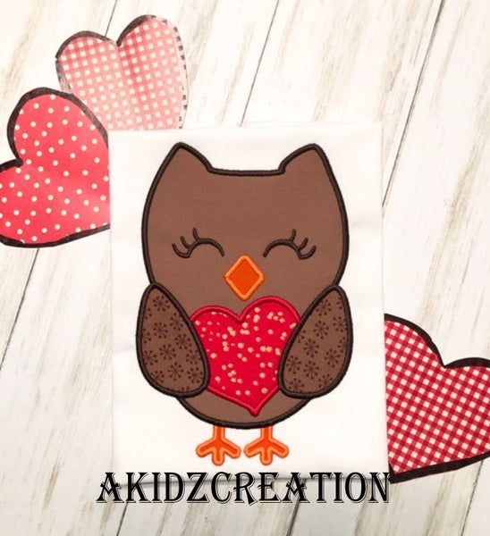 valentine owl embroidery design, owl embroidery design, owl applique, applique, valentine embroidery design, akidzcreation, owl holding a heart embroidery design, heart embroidery design, heart applique