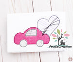 valentine car embroidery design, car embroidery design, car applique, vintage car applique, machine embroidery car applique, car pulling a heart embroidery design, valentines embroidery design