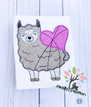valentine llama embroidery design, llama embroidery design, alpaca embroidery design, alpaca applique, llama applique, valentines embroidery design, heart embroidery design, love embroidery design,  