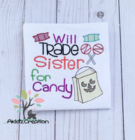 will trade sister for candy embroidery design, halloween embroidery design, halloween candy design, halloween bag embroidery design