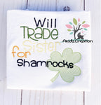 will trade sisters for shamrock embroidery design, shamrock embroidery design, clover embroidery design, st patricks day embroidery design