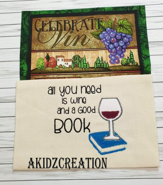 wine reading pillow, reading pillow, pocket pillow, wine glass embroidery, book applique, book embroidery design, akidzcreation