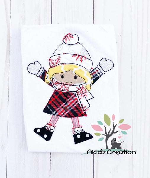 winter girl embroidery design bean stitch applique, girl applique, girl in scarf embroidery design