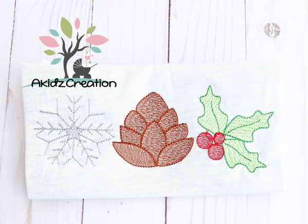 winter trio embroidery design, snowflake embroidery design, pinecone embroidery design, holly embroidery design, trio embroidery design, christmas embroidery design