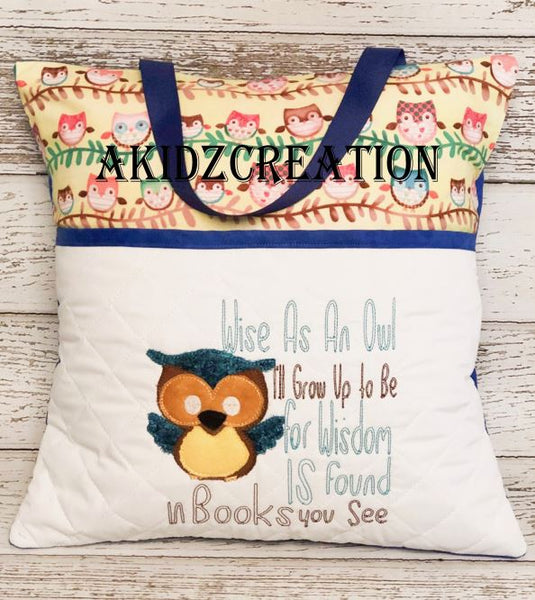 wise owl reading pillow embroidery pattern, pocket pillow, reading pillow design, reading pillow embroidery design, owl applique, owl embroidery design, vintage owl embroidery design, bean stitch owl design, embroidery file, embroidery pattern, akidzcreation