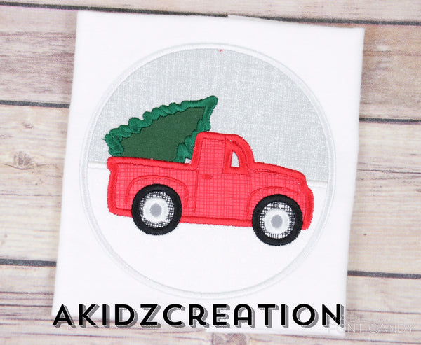christmas tree truck circle embroidery design, christmas truck embroidery design, red truck and christmas tree embroidery design, truck carrying christmas tree embroidery design, red truck on snow embroidery design