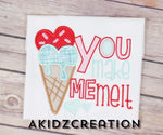 you make me melt embroidery design, valentines embroidery design, ice cream embroidery design, valentines ice cream embroidery design, valentines applique, applique, akidzcreation